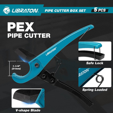 LIBRATON pipe cutter tool set, blue front view with 1/8–2 in capacity, 5-piece kit in blow-molded case