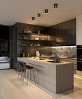 Modern kitchen with Ultra Sleek Black 5 Inch LED Ceiling Light Fixture Flush Mount Dimmable 14W 3000K Ra90, installed above island.