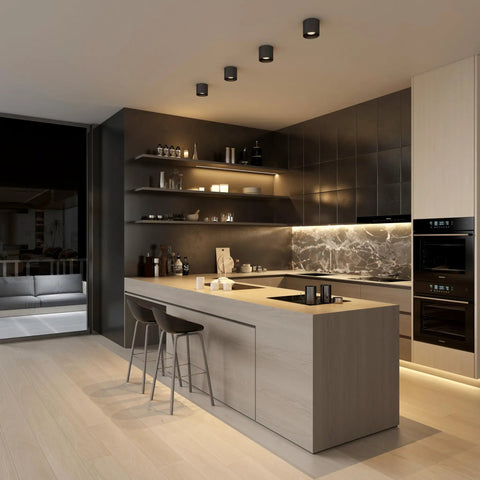 Modern kitchen with Ultra Sleek Black 5 Inch LED Ceiling Light Fixture Flush Mount Dimmable 14W 3000K Ra90, installed above island.