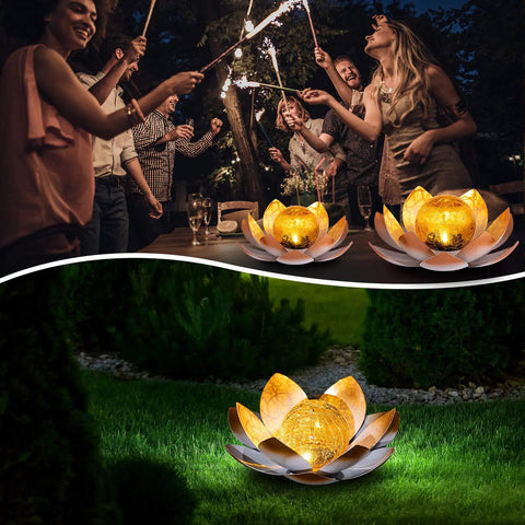 Outdoor Garden Solar Lights 2 Pack Amber Crackle Globe Lotus Decorations Waterproof Orange Metal LED Flower Lights For Patio Lawn Walkway Tabletop Ground Totally Lit Garden Gift For Women in garden party setting