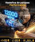 Heavy Duty Brushless Flathead Angle Grinder Kit With 21V Lithium Ion Muscle And Dual 5 Ah Packs in action, demonstrating 12000 RPM performance.