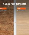 Before and after use of Heavy Duty High Speed Steel Thickness Planer Blades showing rough and fine wood surfaces.