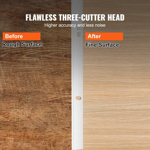 Before and after use of Heavy Duty High Speed Steel Thickness Planer Blades showing rough and fine wood surfaces.