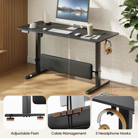 MALOL 56 Inch Electric Standing Desk With Adjustable Footrest Black showing adjustable feet and cable management features.