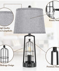 Rustic Industrial Table Lamps 2 Pack With USB Ports featuring black frame, gray linen lampshade, and separate rotary control.