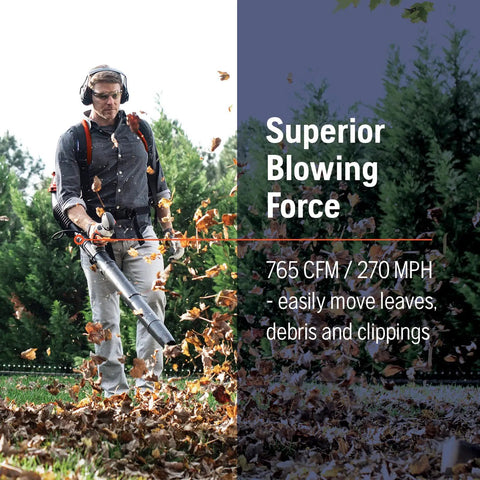 Man using Gas Backpack Leaf Blower With 51cc 2.16 HP Two-Cycle Engine 765 CFM Air Flow At 270 MPH Ergonomic Harness System