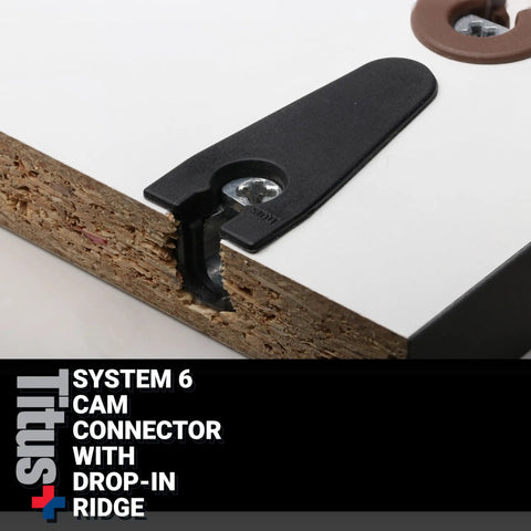 100 Pack Dead Reliable Cam Connectors For 19 Mm Panels With Ridge Drop In Cam Lock Nut showing black connector in wood panel.