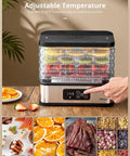 Five Tray Electric Food Dehydrator With Smart Digital Controls And Flexible Temp Settings showing fruits and herbs on trays.
