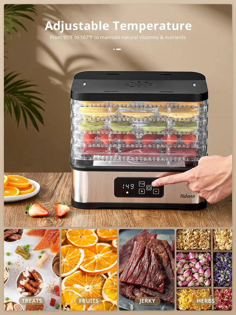 Five Tray Electric Food Dehydrator With Smart Digital Controls And Flexible Temp Settings showing fruits and herbs on trays.