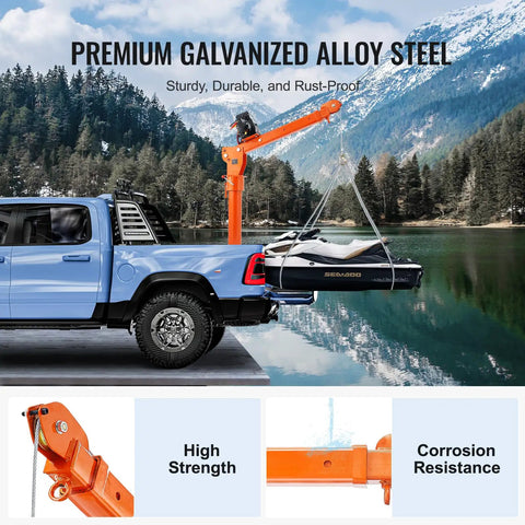 Electric Pickup Truck Crane With 6000 Lb Winch 12V Bed Mounted Folding Jib Hoist Steel Construction 360 Degree Swivel Built To Haul Heavy Lifting For Construction And Factory Jobs mounted on a blue truck lifting a small boat by a lake.