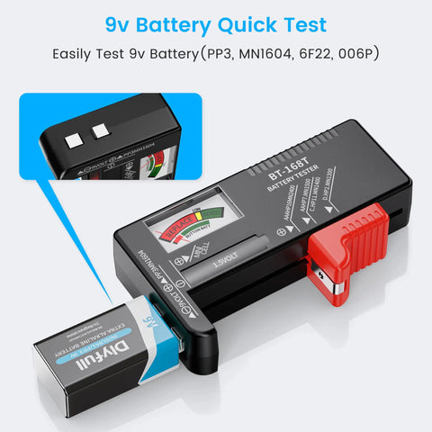 Magnetic Battery Tester For AA AAA C D 9V And 1.5V Button Cells With Secure Magnetic Hold Delivers Fast Accurate Checks On Household Alkaline Batteries No Drama. 9V battery tester with magnetic contact and display, shown with 9V battery