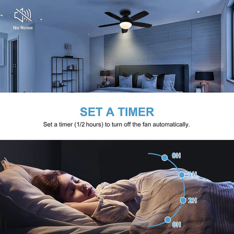 52 Inch Outdoor Ceiling Fan With Lights And Remote, Black Flush Mount in a modern bedroom, illustrating set timer feature, silent operation