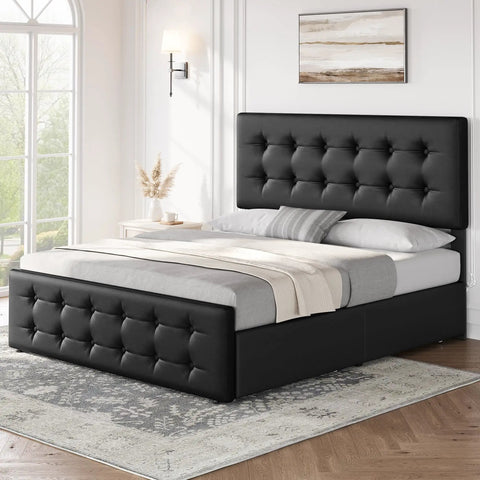 Absolute Game Changer Queen Size Platform Bed Frame With Durable Faux Leather Headboard And Four Smooth Roll Out Storage Drawers For Effortless Room Makeovers In Matte Black in modern bedroom setting.