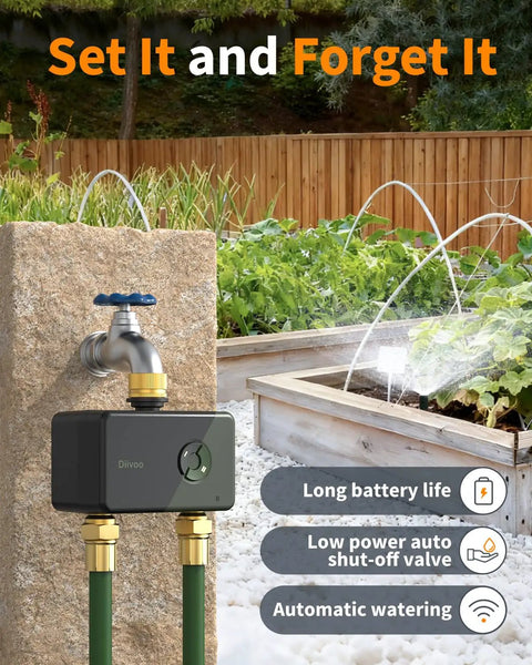 Brass WiFi Sprinkler Timer for Garden Hose 2 Zone Smart Water Timer with Alexa and Google Home on garden wall