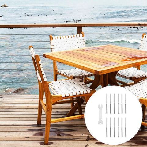 Outdoor deck with table and chairs, inset shows Stainless Steel Heavy Duty Hand Thread Lag Screws For Cable Deck Railing Kit With Wrench Wire Fixing Hardware For Staircase And Outdoor Railings Built Tough And Rust Resistant 13 Pc Set.