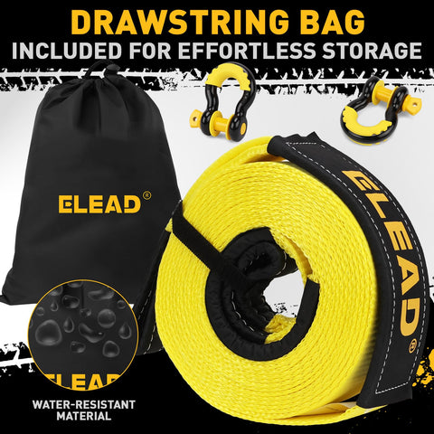 Yellow 3in x 30ft tow strap with black drawstring bag, two D-ring shackles; Beefed Up 3 Inch By 30 Foot Tow Strap Recovery Kit.