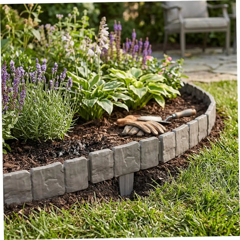 Interlocking Faux Stone Garden Edging Border Kit Easy Install Plastic Landscape Border For Yard Flower Beds And Lawn Weather-Resistant 30 Pack Included surrounding a flower bed