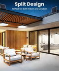 Outdoor view of Solar Shed Light With Dual Lamps, 2000LM Outdoor Indoor Pendant Lighting illuminating patio and interior.