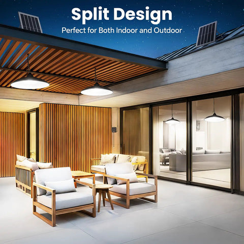 Outdoor view of Solar Shed Light With Dual Lamps, 2000LM Outdoor Indoor Pendant Lighting illuminating patio and interior.