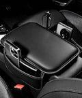 Kickass Double Duty Armrest Pad For Tesla Cybertruck Console with Nailed It Elastic Strap and Ultra Thick High Resilience Foam in black leather.