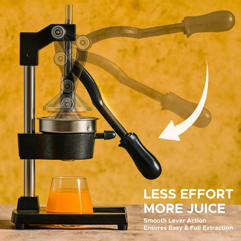 Cast Iron Manual Citrus Juicer Heavy Duty Orange Press in use with smooth lever action for easy juice extraction.