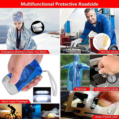 Emergency Roadside Tool Kit With Jumper Cables And Shovel Auto And Truck Vehicle Safety Kit Bag For Men And Women With First Aid Kit Winter Basic Roadside Essentials For On The Go - features emergency blanket, gloves, flashlight, raincoat, tire gauge