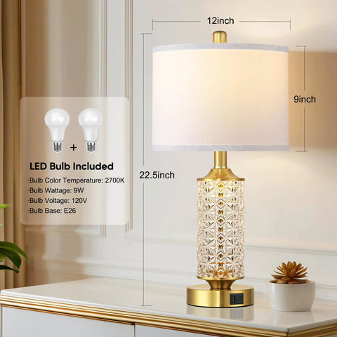 Set Of 2 Dope Gold Table Lamps With USB A And C Ports And Built In Night Light Top Table Lamp Plus Bottom Night Light 4 Way Rotary Switch