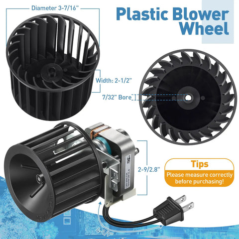 Drop In Replacement Fan Blower Assembly For Nutone Broan S97009796, detailed view of plastic blower wheel and motor size