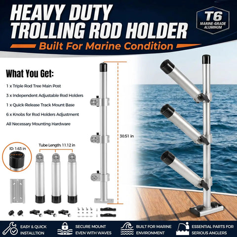 Three Rod Adjustable Trolling Rod Holder Tree For Boats With 360 Degree Rotation And 180 Degree Tilt, Marine Grade Aluminum, Height Adjustable Gunnel Track Mount Fishing Rod Holder System, 30.51 in