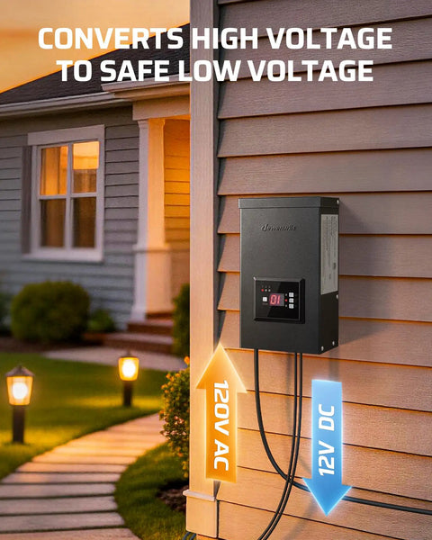 Outdoor Low Voltage Landscape Transformer 200W Easy Plug In Setup Three Independent Outputs Dusk To Dawn Photocell Sensor Countdown Timer With Memory Weatherproof ETL Listed 120V AC To 12V Or 14V For Landscape Lighting mounted on house wall