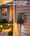 3-Output 300W Low Voltage Landscape Transformer With Dusk To Dawn Photocell mounted on house exterior, converting 120V AC to 12V DC.