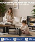 No Sweat Roll Away Stackable Storage Bins With Smooth Casters And Parking Brakes Large Folding Closet Organizers For Messy Rooms And Junk Drop Boxes Black Five Pack Ready displayed with a woman and a child folding blankets.