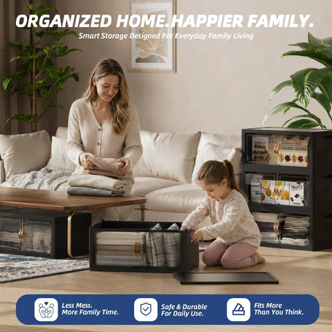No Sweat Roll Away Stackable Storage Bins With Smooth Casters And Parking Brakes Large Folding Closet Organizers For Messy Rooms And Junk Drop Boxes Black Five Pack Ready displayed with a woman and a child folding blankets.