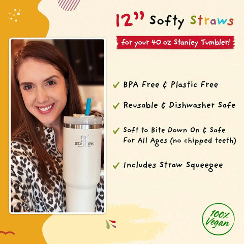 Extra Long 12 Inch Silicone Reusable Straws For Tall Size Tumblers With Included Cleaning Tool BPA Free Flexible Straws For Large 40 Oz Cups Wide Mouth Compatible Durable Easy To Clean On The Go held by woman with cup