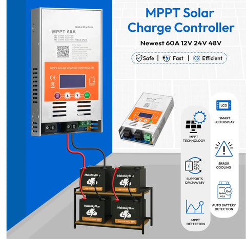 60A MPPT Solar Charge Controller V124 with LCD display, connected to batteries, supporting 12V 24V 48V systems