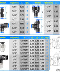 Diagram of Blue Push To Connect Air Hose Fittings Kit Set For Nylon And PU Tubing, showing dimensions and fittings types.