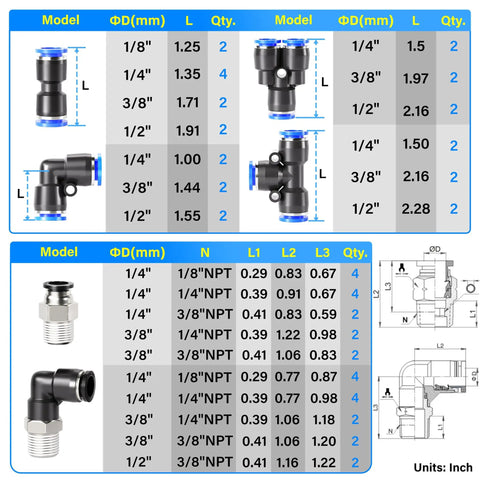 Diagram of Blue Push To Connect Air Hose Fittings Kit Set For Nylon And PU Tubing, showing dimensions and fittings types.