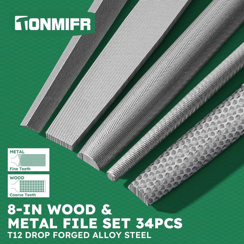 Pro Grade Metal File Set 34 Piece High Carbon Steel With Storage Case For Hardened Steel And Metalworking Includes Flat Half Round Round Triangle Square Files And Needle Files For Precise Shaping And Finishing displayed on green background