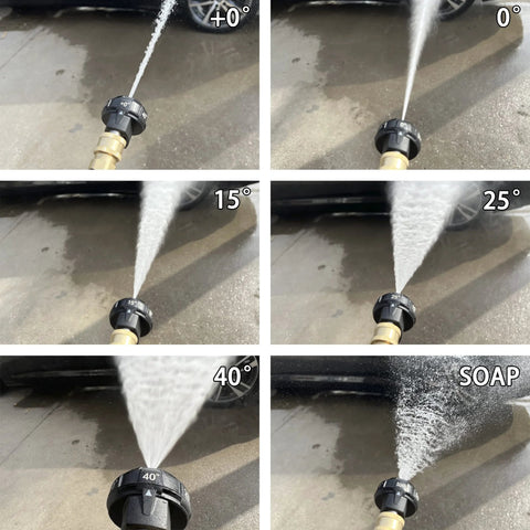 JOEJET 6-in-1 pressure washer nozzle with 1/4-inch quick-connect; adjustable spray angles 0–40° for lawn and patio