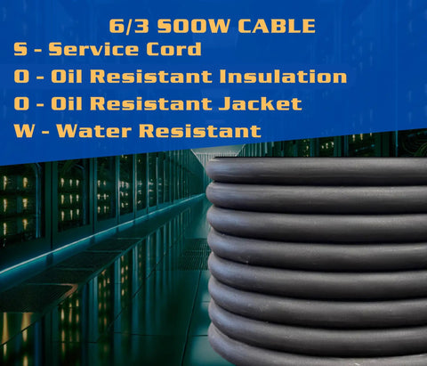 Super Tough 100 Foot AWG SOOW Cable Cord Three Conductor Portable Power Extension Cord For EV Chargers with detailing.