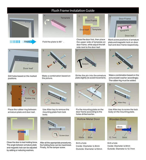 Flush frame installation guide for 400 Lb Electromagnetic Lock For Access Control Systems With 12V DC Power LED Status Indicator Fail Safe Door Lock For Commercial And Residential Security Workhorse Mag Lock For High Traffic Doors, showing step-by-step instructions.
