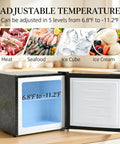 Slick Compact Upright Mini Freezer Offering One Point One Cubic Feet Of Cold Storage With Five Adjustable Thermostat Settings And A Reversible Black Exterior For Storing Meats Seafood And Desserts Without The Sweat showcasing adjustable temperature settings.