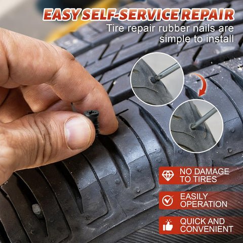 60 Piece Tire Repair Kit With Two Sizes Rubber Plugs And Vacuum Tire Plug Screws For Cars Motorcycles Trucks And Tractors Self Service Quick Fix Box Packaged - Hand inserting screw into tire.