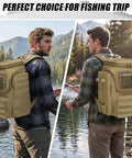 Two men outdoors wearing Fishing Backpack 45L With Rod Holders, Water Resistant Tackle Storage Pack For Fishermen by the river.
