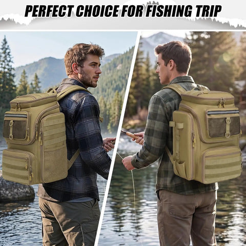 Two men outdoors wearing Fishing Backpack 45L With Rod Holders, Water Resistant Tackle Storage Pack For Fishermen by the river.