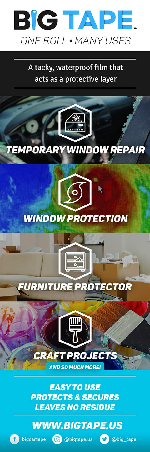 Infographic highlighting uses of Car Window Repair Tape Wrap 17.5 Inch Wide Clear Adhesive Film 6 Ft Long Waterproof Tacky Tape