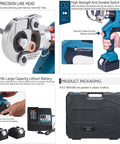 Top Rated Rechargeable Hydraulic Pliers 18V Electric Crimping Tool shows precision line head and switch key for reliable use.