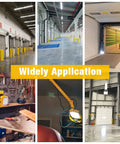 Collage displaying Ultra Bright 30W LED Dock Light with 40 inch folding double arm in various warehouse and dock settings.