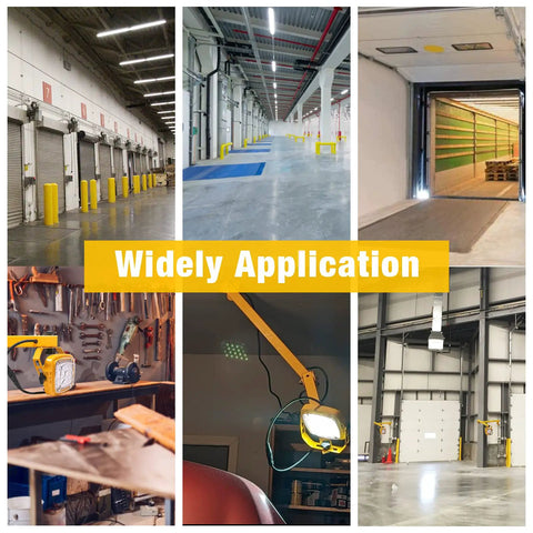 Collage displaying Ultra Bright 30W LED Dock Light with 40 inch folding double arm in various warehouse and dock settings.
