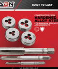 Metric And SAE Tap And Die 60-Piece Rethread Set showcasing hardened alloy steel taps and die components on red background.